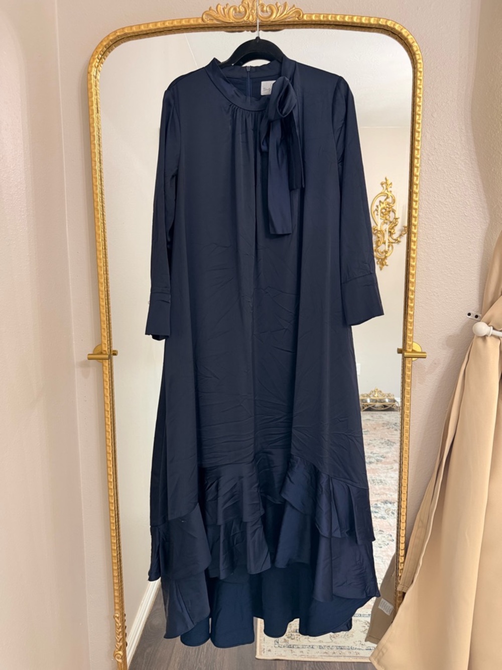 Dainty Jewells Navy Tie-Neck High-Low Ruffle Dress